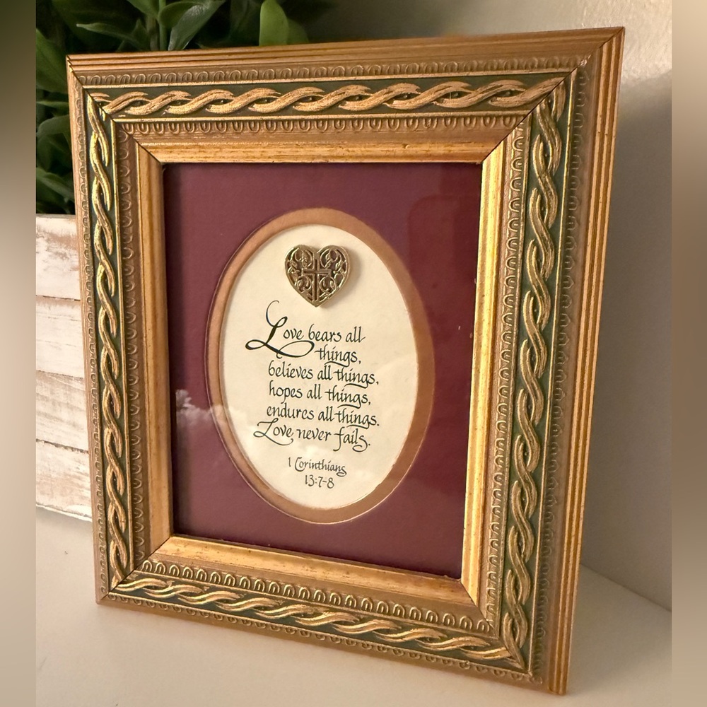 Bible Verse from 1 Corinthians 13:7–8 in an Ornate GoldTone Frame w/Burgundy Mat